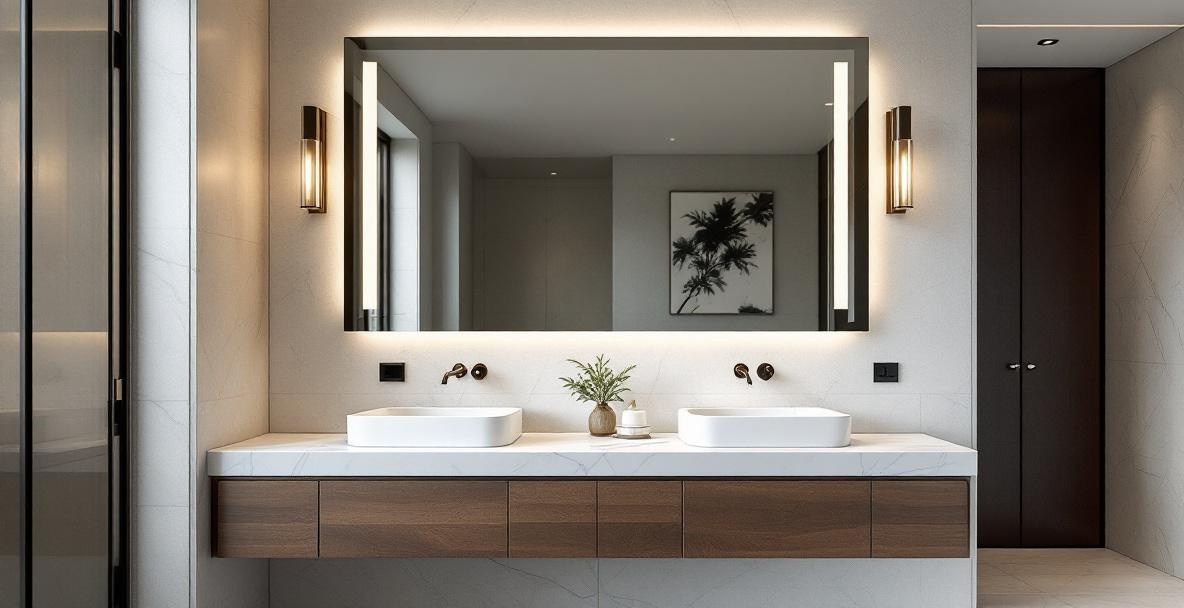 Professional mirror installation team mounting a large wall mirror in a DFW home living room with precision alignment tools