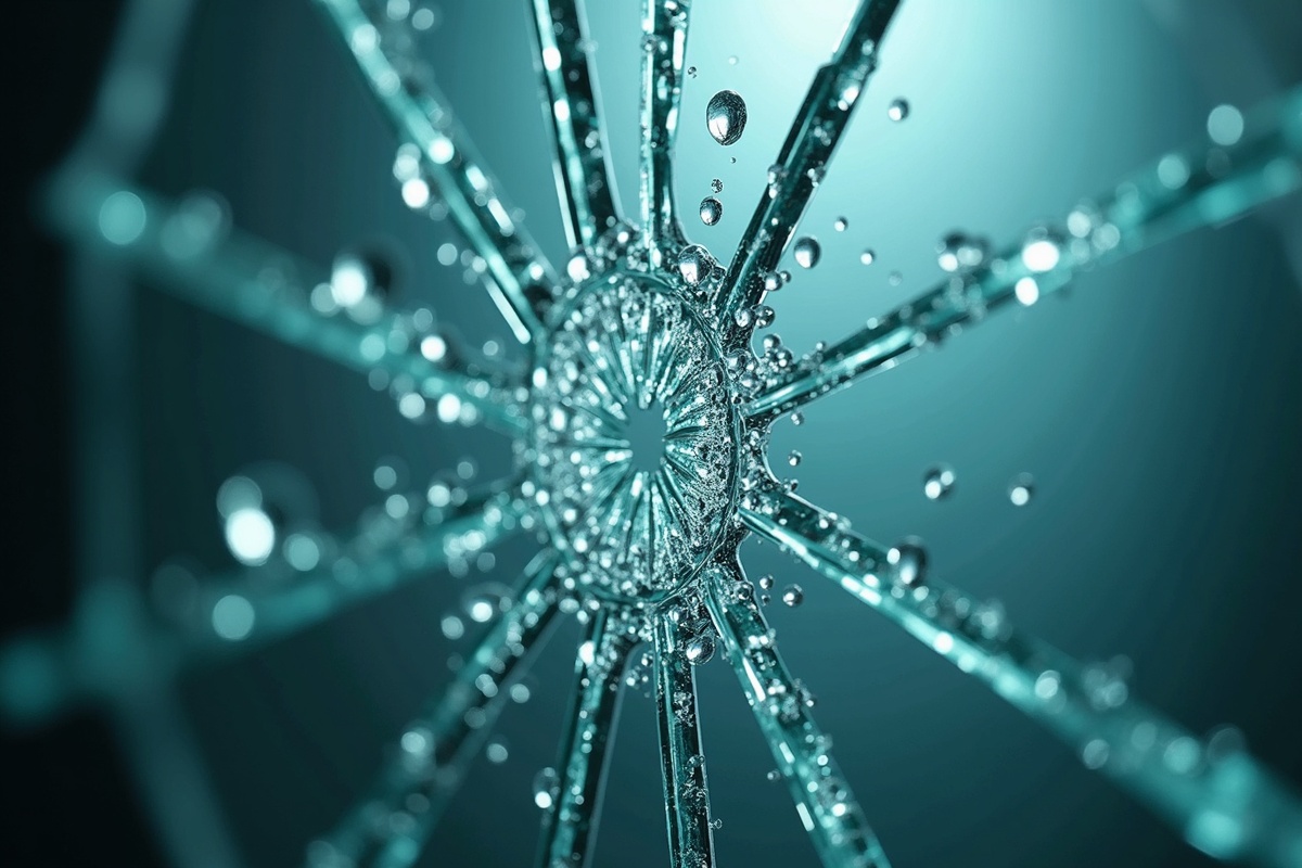 Close-up of shattered tempered glass showing the distinctive pebbled breakage pattern that differentiates safety glass from annealed plate glass during a failure event.