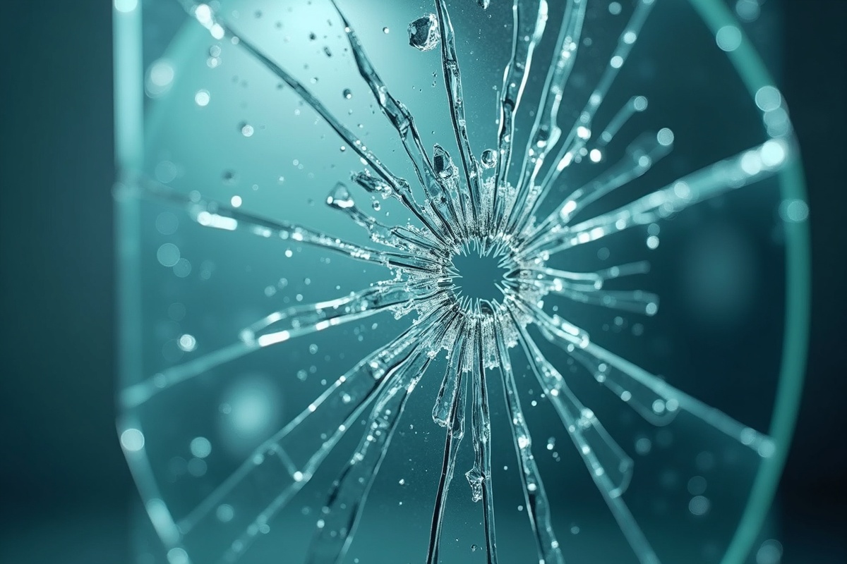 Close-up of shattered glass showing the characteristic fracture pattern that engineers analyze when investigating whether a shower glass failure was caused by nickel sulfide inclusion or thermal stress.