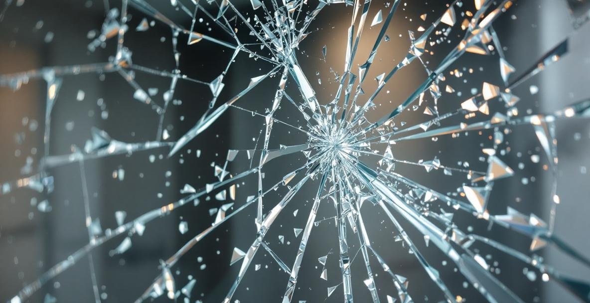 A shattered glass surface broken into small fragments showing how tempered safety glass breaks into dulled pieces rather than dangerous shards.