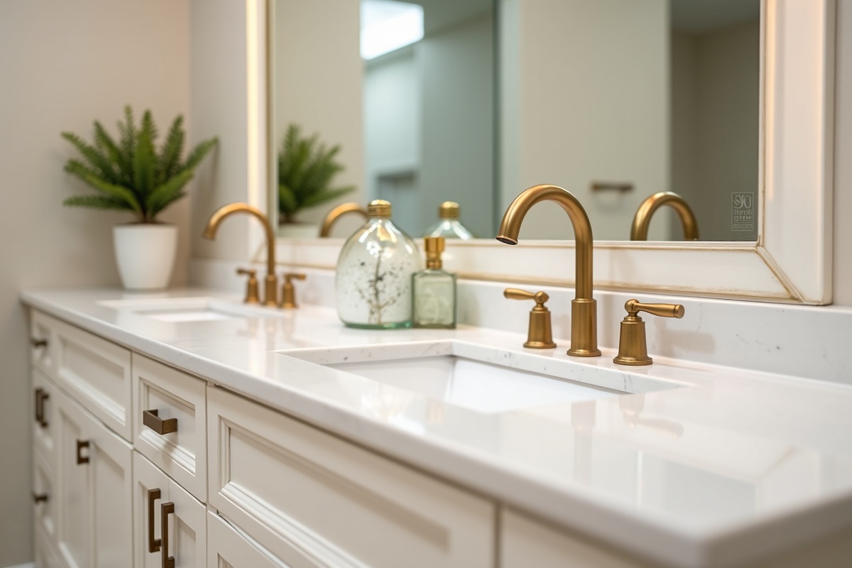 Bathroom vanity with brushed gold faucet and hardware alongside a frameless mirror showing warm metallic finish coordination in a DFW master bathroom renovation