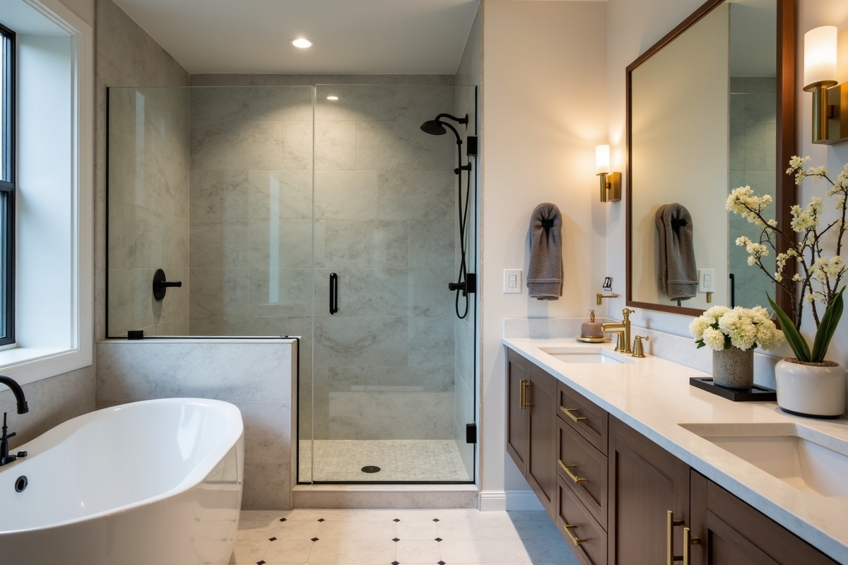 Contemporary DFW bathroom with matte black shower door hardware and brushed gold vanity fixtures demonstrating intentional mixed-finish design strategy