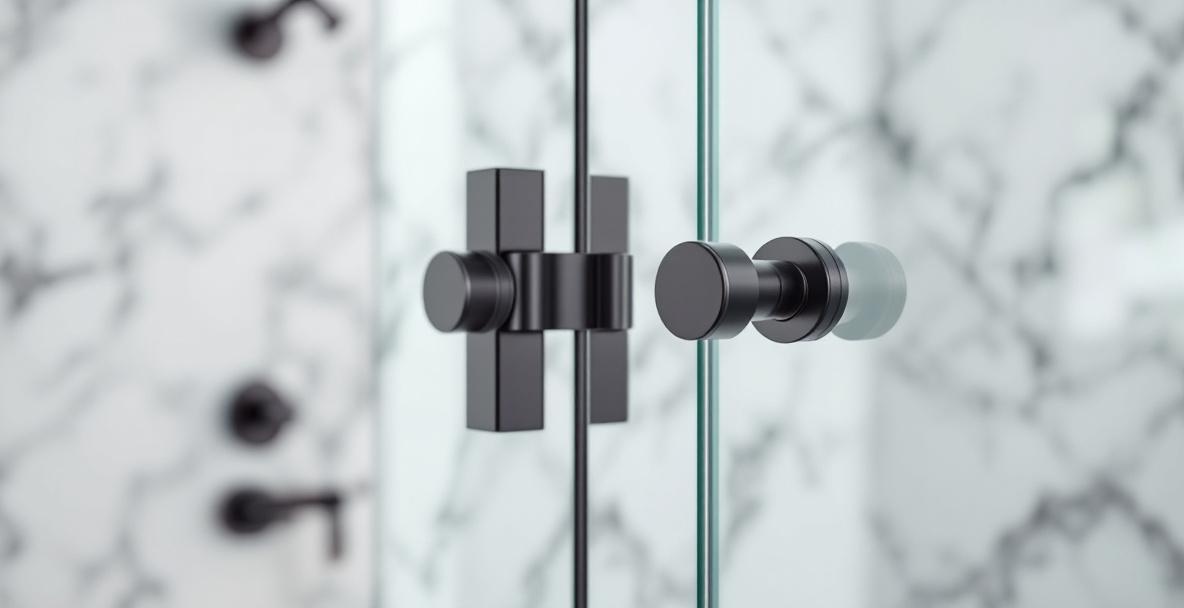Modern bathroom showing multiple hardware finishes including brushed gold faucet and matte black shower door handle against white tile in a DFW master bathroom