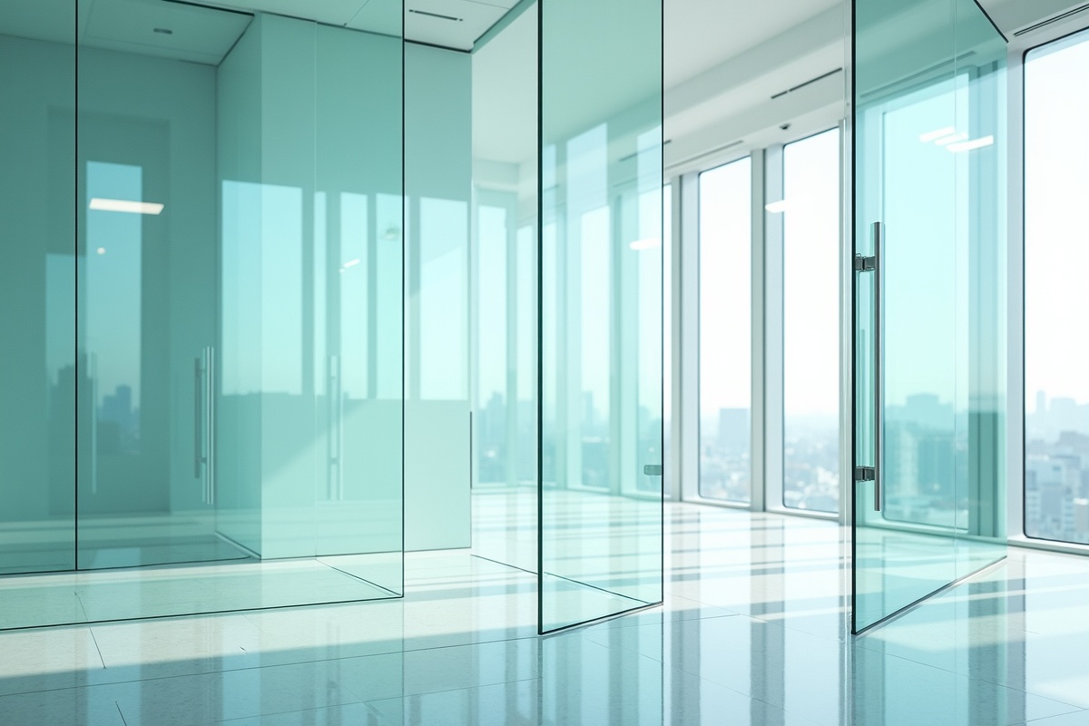 Modern architectural glass building with crystal-clear panels showing how low-iron glass transmits light without the green tint present in standard float glass.