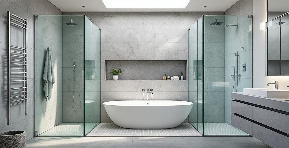A pristine white architectural interior with crystal-clear glass panels demonstrating the exceptional clarity that low-iron glass provides compared to standard float glass.