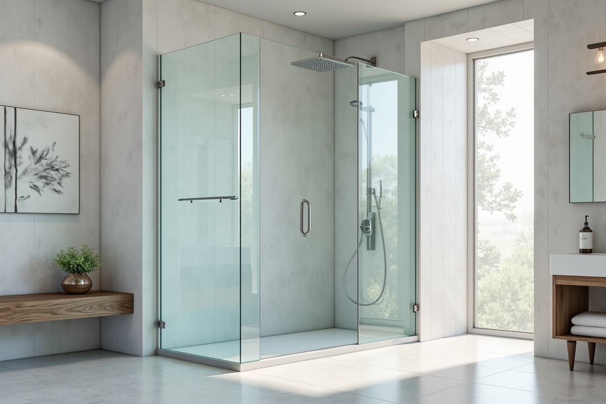 Modern shower with glass enclosure showing the visual difference between clear glass that reveals tile and textured glass options for different privacy levels in bathroom design