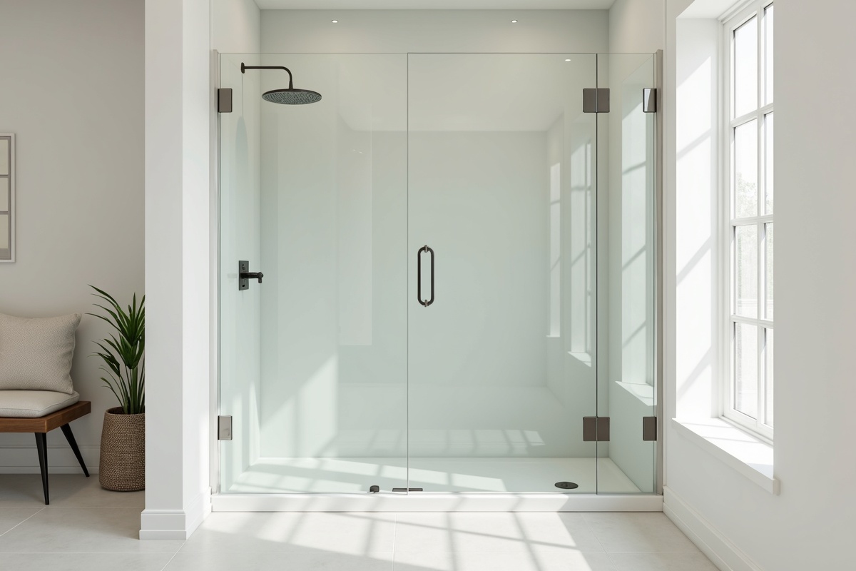Contemporary bathroom with glass shower enclosure showing the clean hardware and door installation typical of a well-maintained frameless shower system in a DFW home