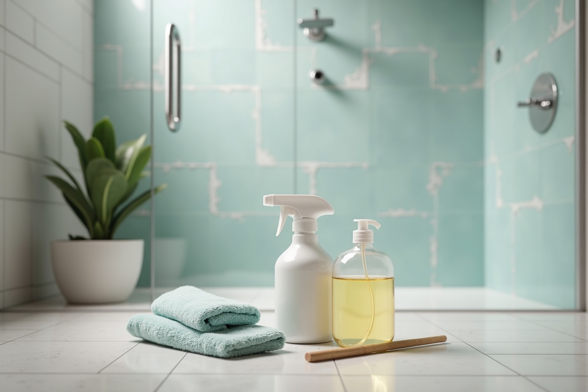 Bathroom cleaning supplies and tools laid out showing the maintenance products needed to protect shower door hardware from corrosion in DFW hard water environments